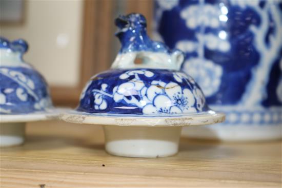 A pair of 19th century Chinese blue and white sleeve vases, three further vases and a ginger jar tallest 30.5cm